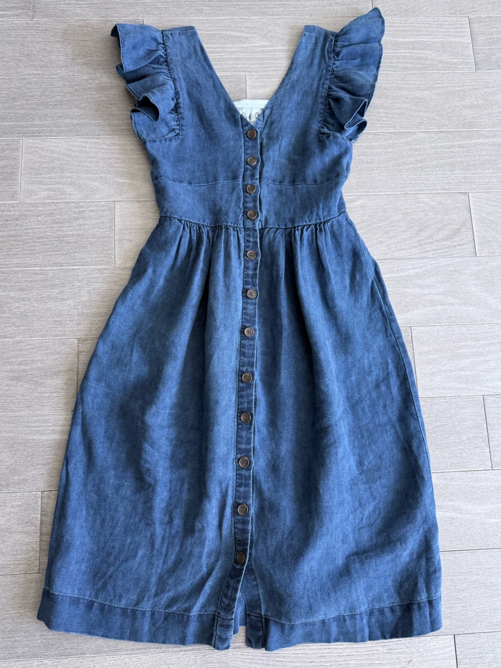 SEA New York Linen Midi Dress Blue Chambray Ruffle Button Front Cottagecore Boho - Picture 13 of 15